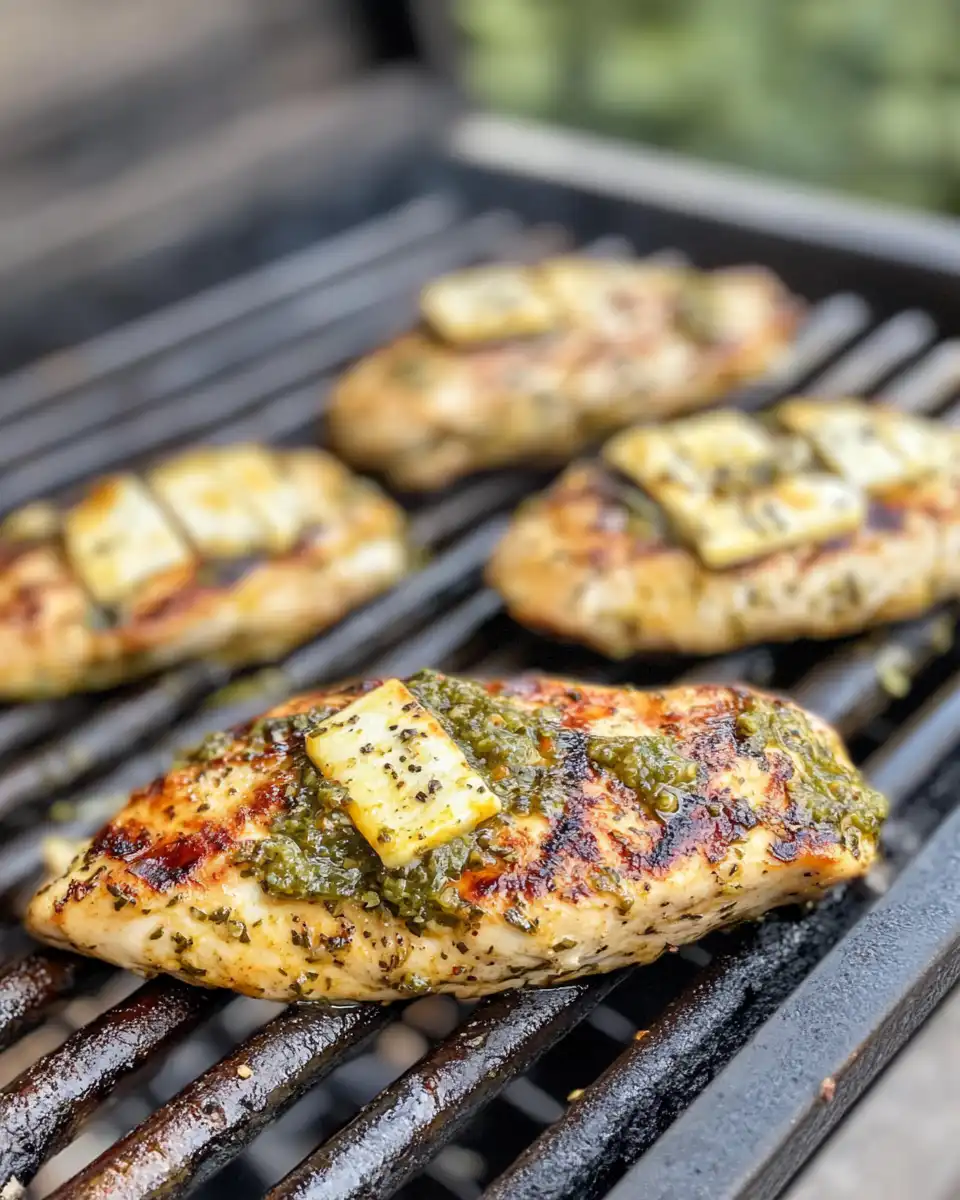 Final plated grilled salsa verde chicken topped with cheese and salsa verde