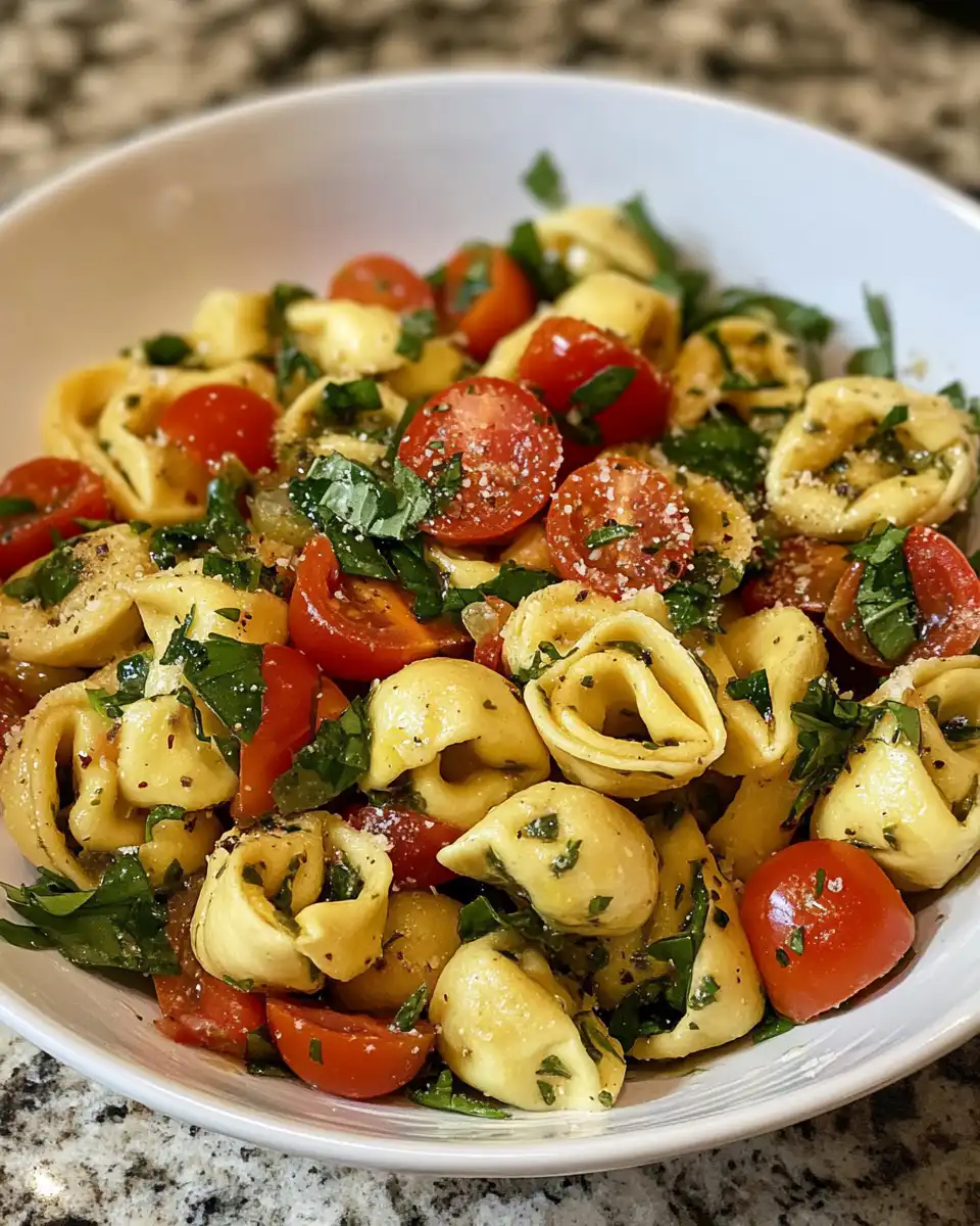 Serving bowl of finished Italian Grinder Tortellini Salad garnished and ready to enjoy