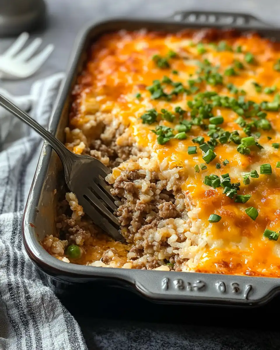 Ingredients laid out for ground beef and rice casserole recipe
