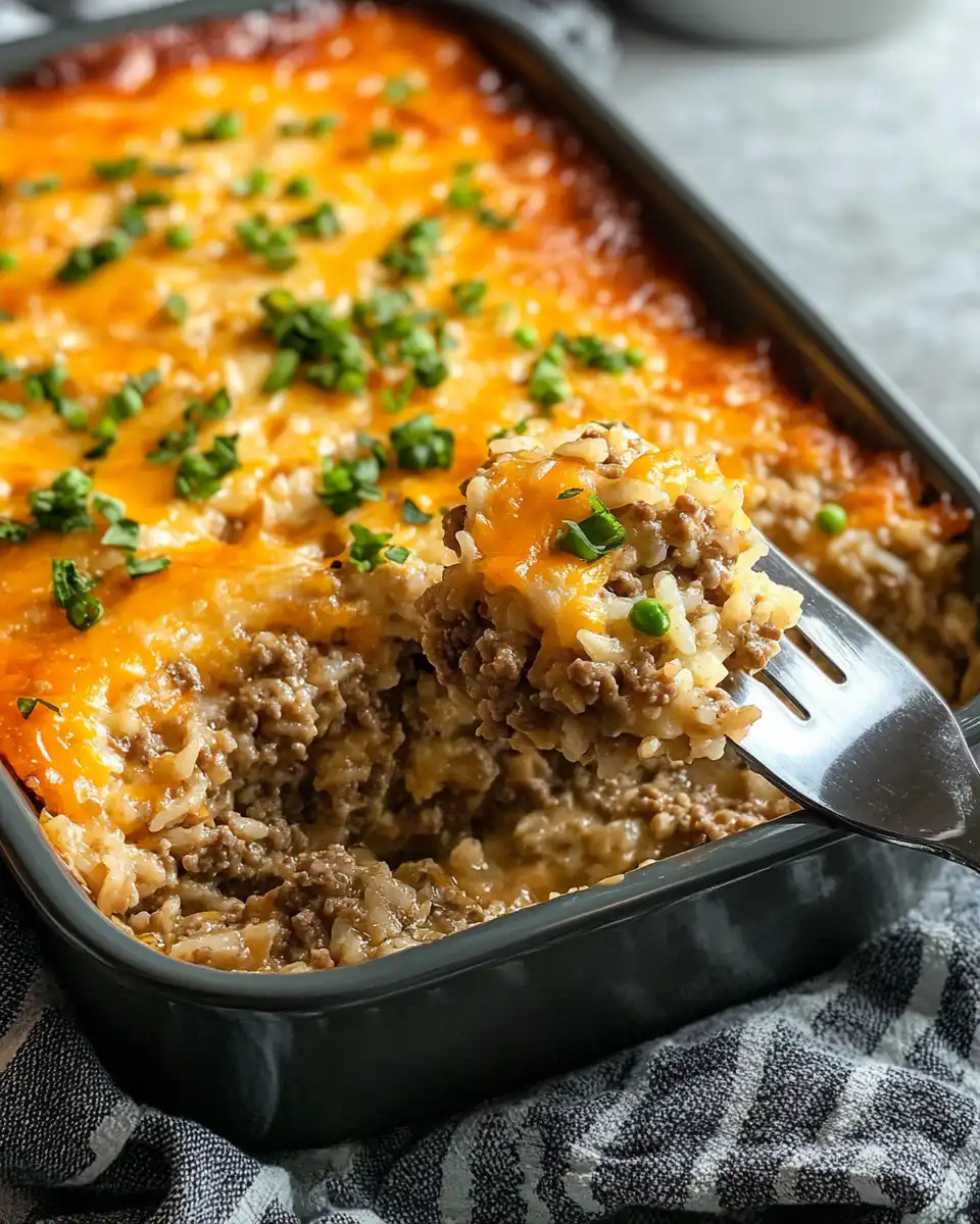 Freshly cooked cheesy beef and rice casserole ready to serve