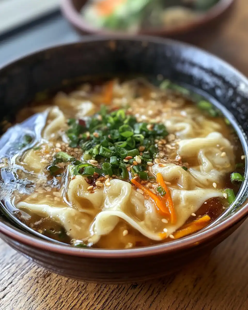 Finished vegan gyoza soup served in bowl with bok choy and udon noodles