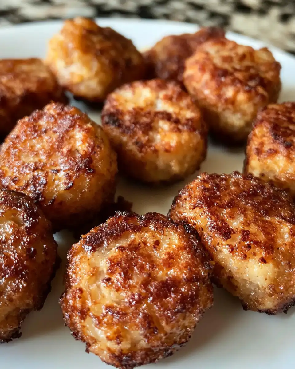 A baking sheet filled with cooked sausage and hashbrown balls