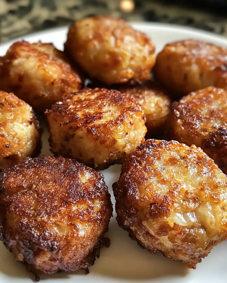 Close-up of a single golden hashbrown sausage ball ready to eat