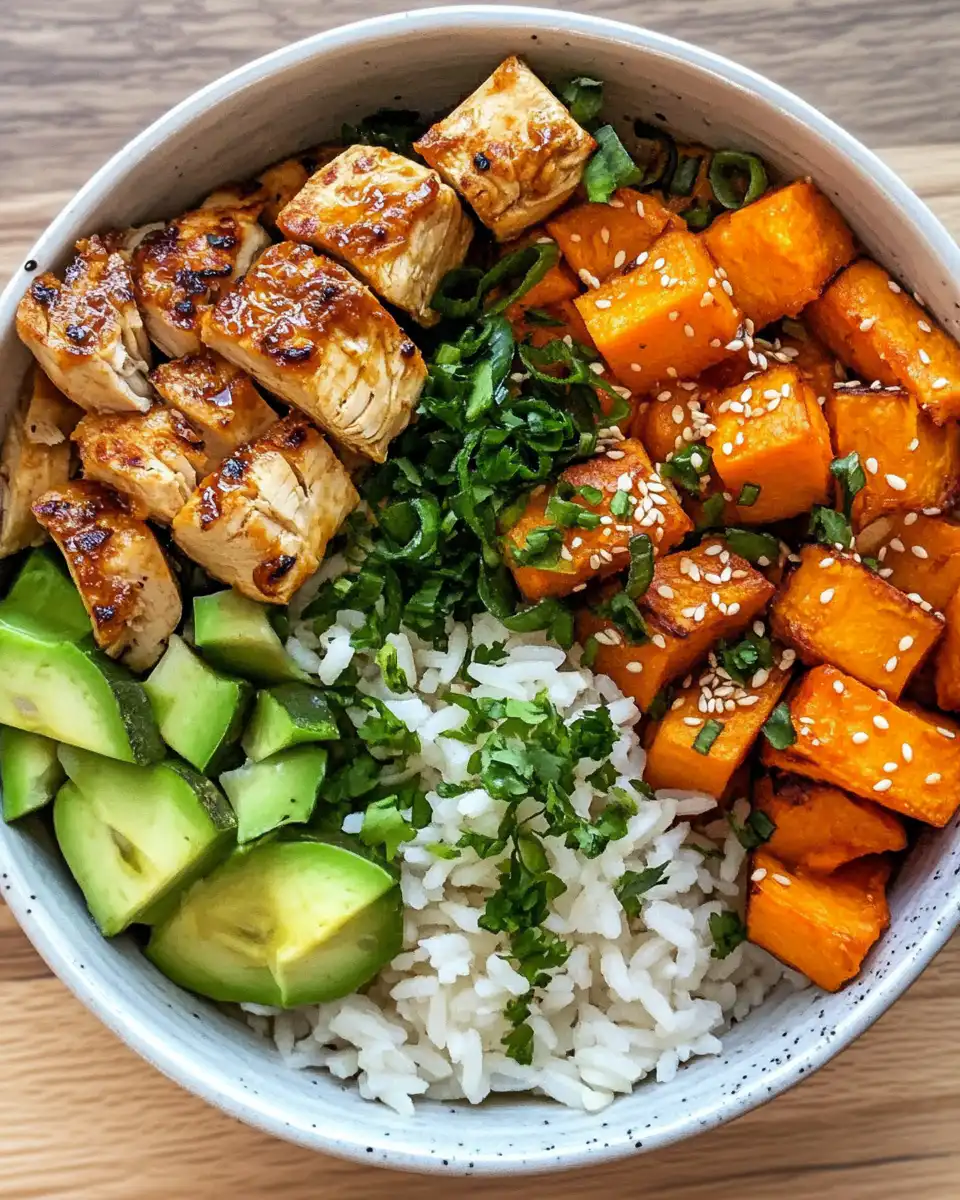 Ingredients for chicken sweet potato rice bowl on countertop