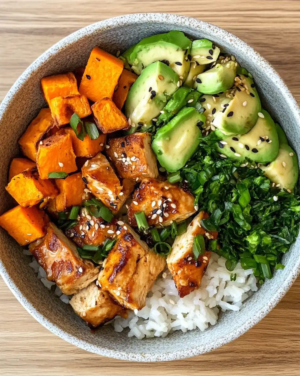 Finished serving chicken sweet potato rice bowl