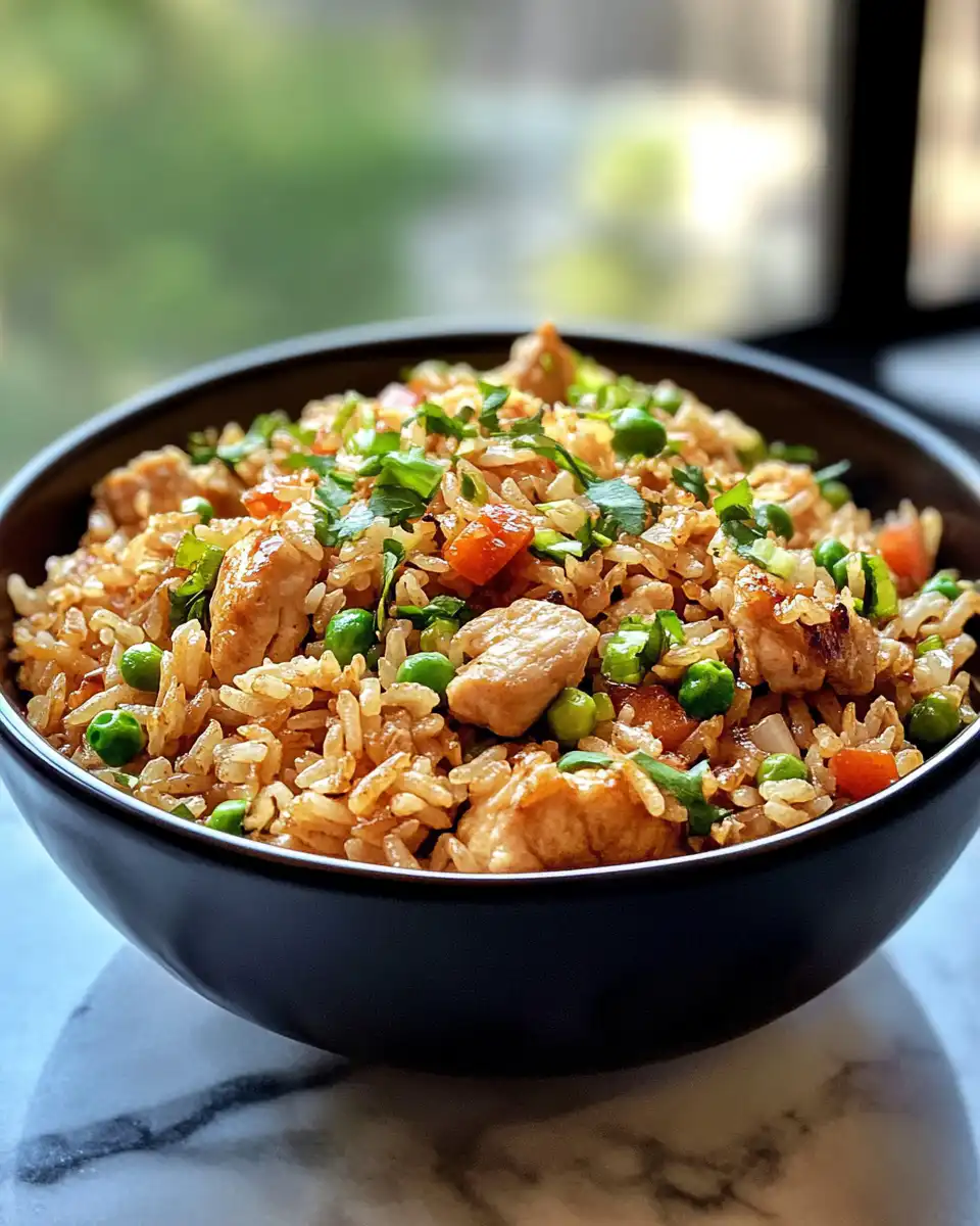 Finished crispy garlic chicken fried rice plated and garnished with green onions and sesame seeds