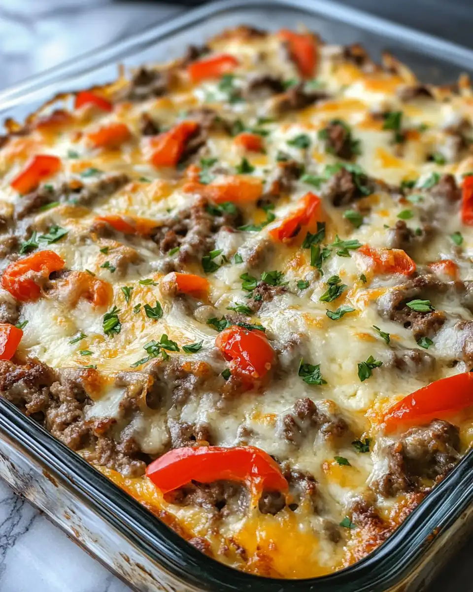 Finished Philly cheese steak casserole with melted provolone and tender steak
