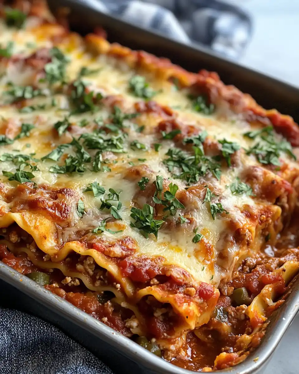 A slice of golden cheesy vegetable lasagna on a plate