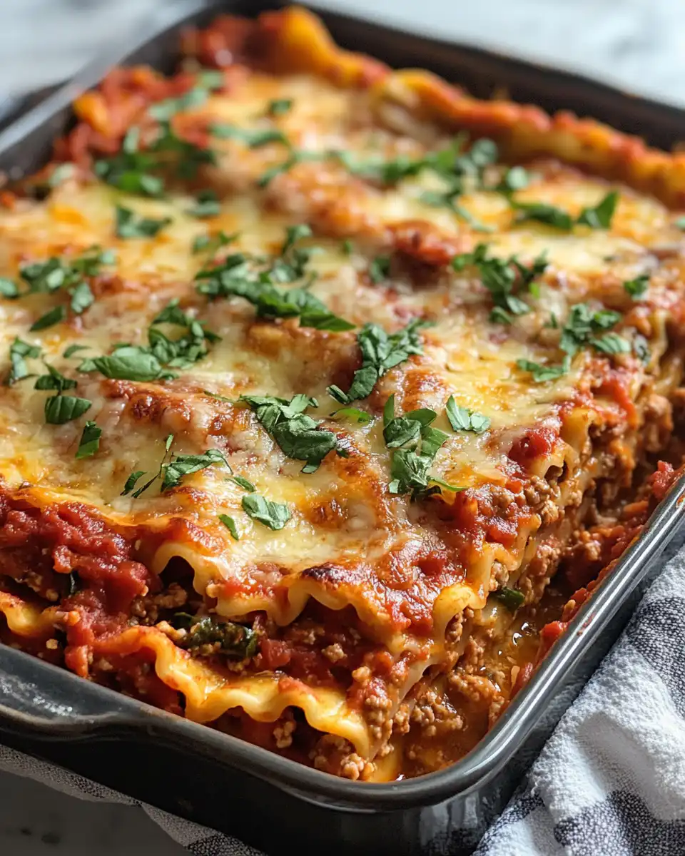 Vegetable Cottage Cheese Lasagna freshly baked in dish