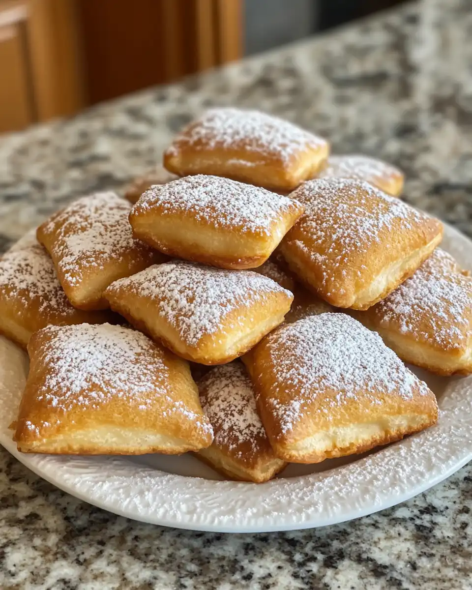 Ingredients lined up for homemade beignets including flour, sugar, milk, yeast