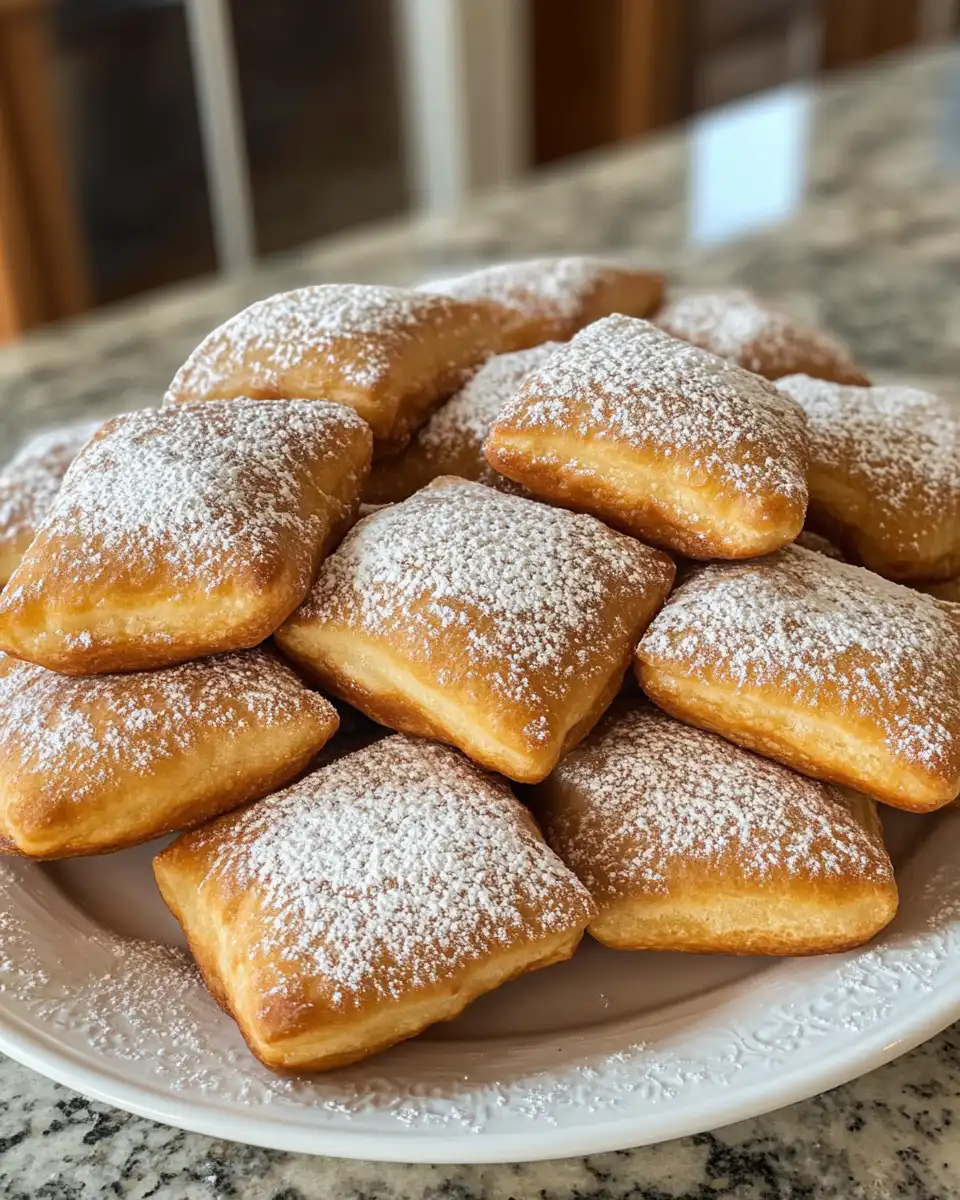 Golden finished homemade beignets dusted with powdered sugar
