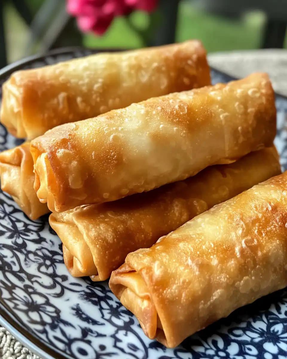Golden brown cherry cheesecake egg rolls frying in skillet