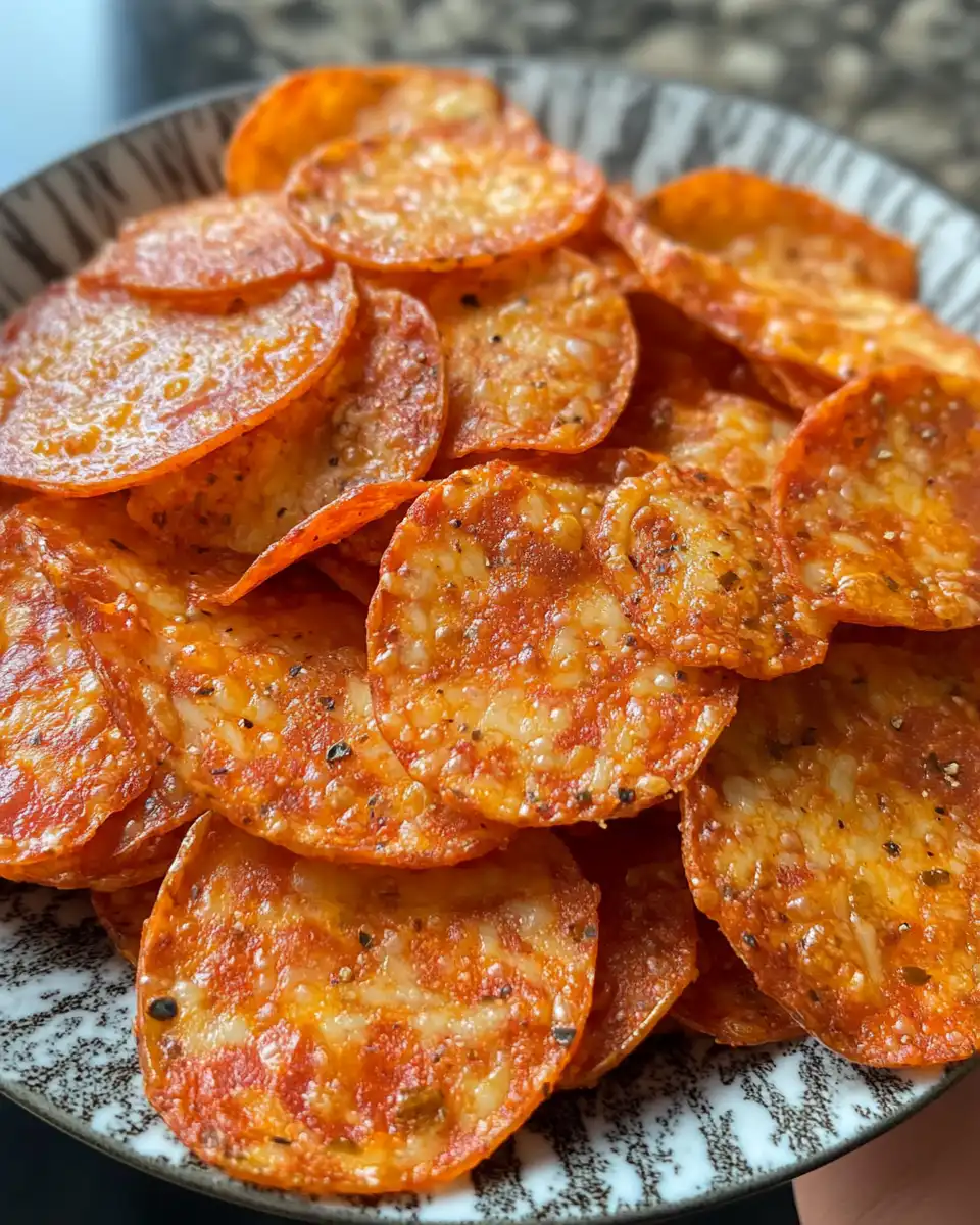 Baked pepperoni pizza cheese drip chips on parchment paper, golden and crispy