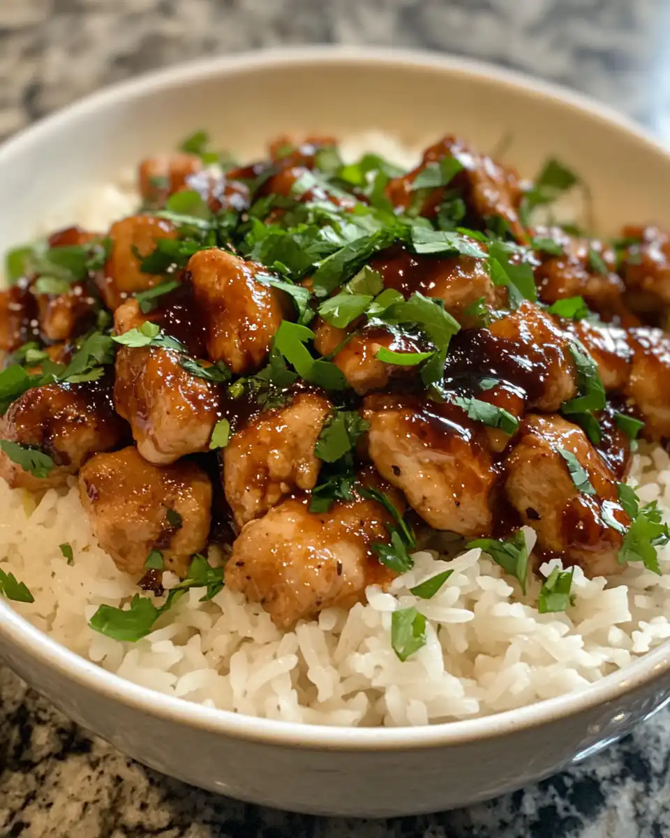 Ingredients for honey BBQ chicken rice bowl including chicken and fresh toppings
