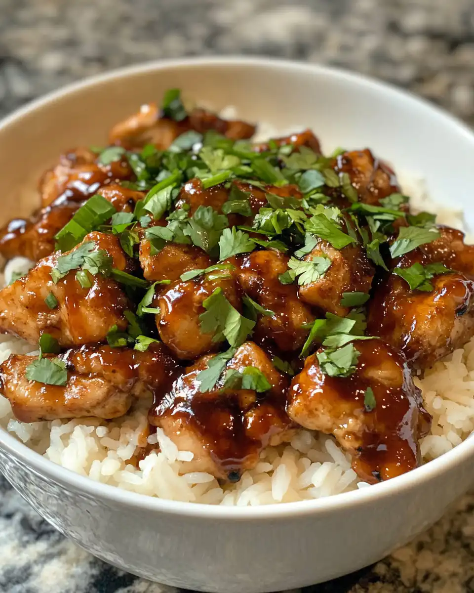 Served honey BBQ chicken rice bowl with cheese and cilantro toppings