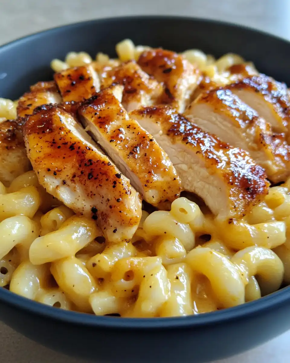 Plated honey pepper chicken with creamy four cheese mac and bacon garnish