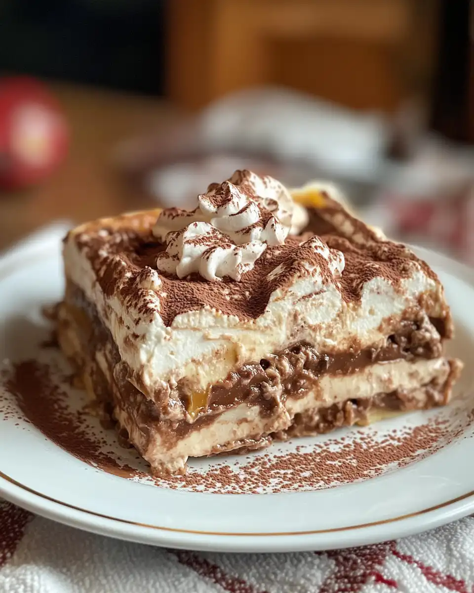 Served Hot Chocolate Lasagna with whipped cream and chocolate garnish