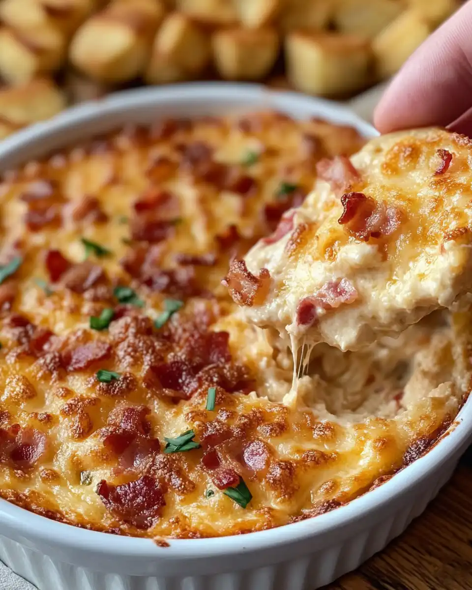 Finished hot smoked Gouda bacon dip served in bowl with crackers