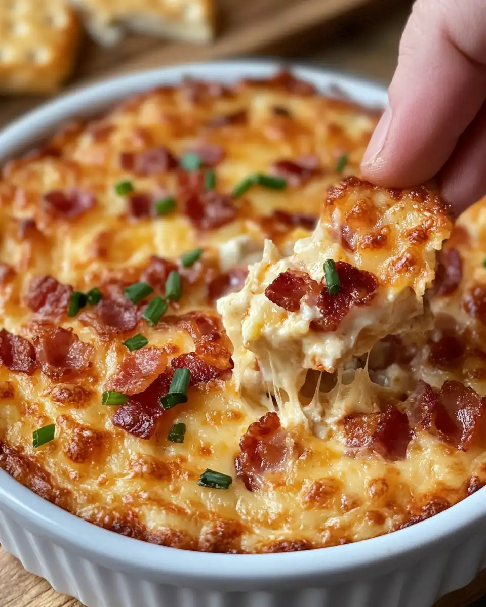Close up of hot smoked Gouda bacon dip with bacon bits on top