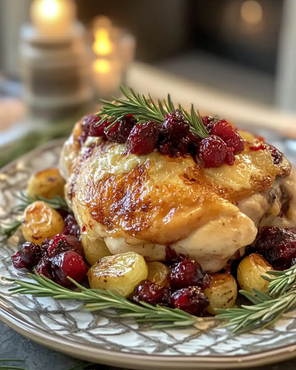 Closeup of finished cranberry brie stuffed chicken plated and ready