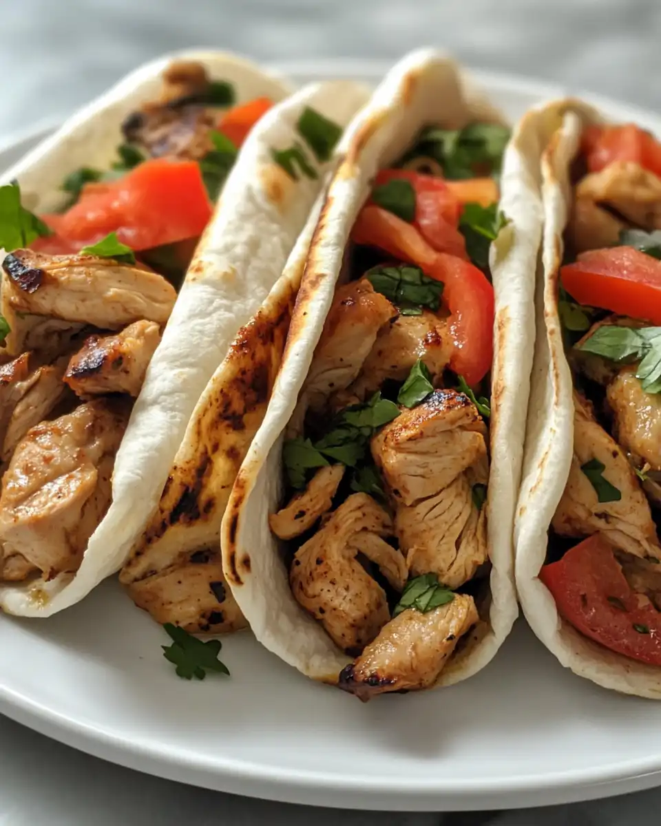 Final plated chicken shawarma served with flatbread and fresh toppings