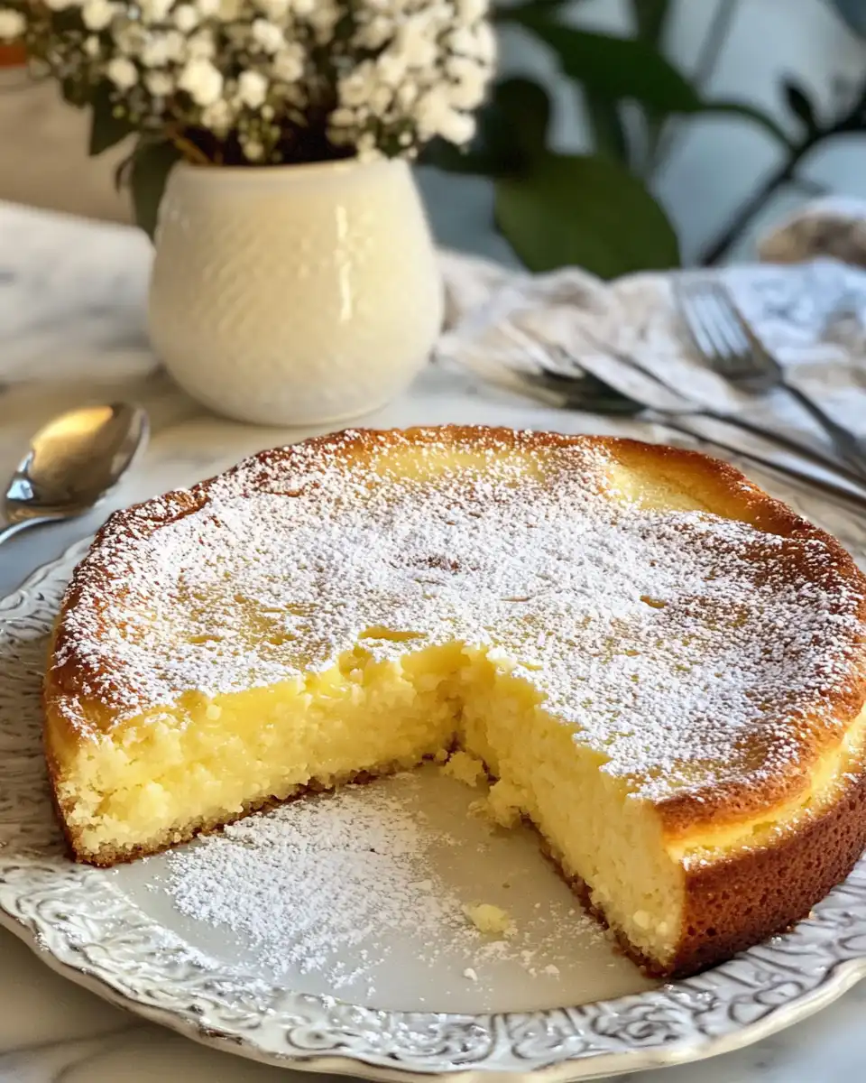 Slice of lemon custard cake with powdered sugar