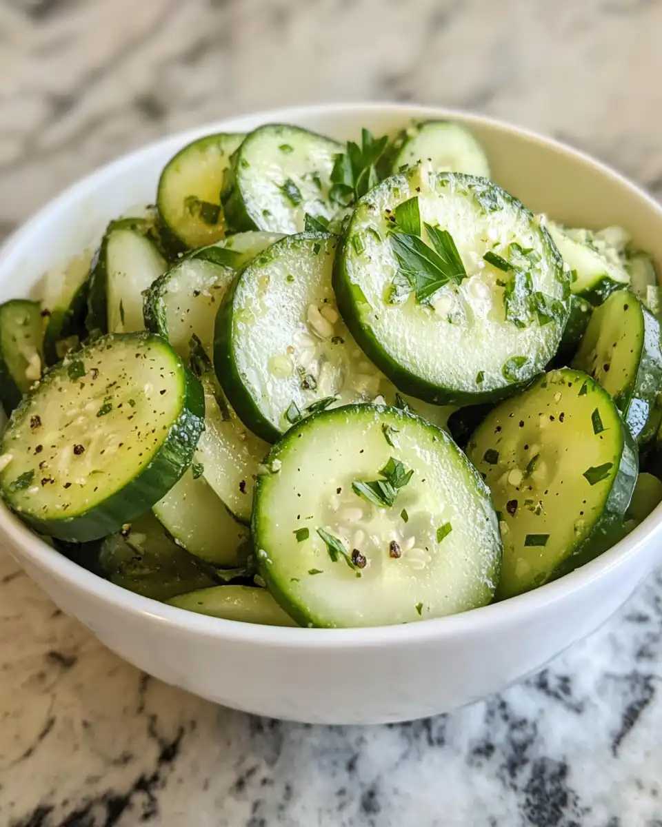 Finished jalapeño popper cucumber salad with bacon bits and garnished with herbs in a serving bowl