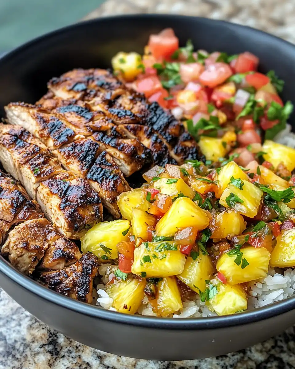 Sliced pressure cooker jerk chicken served with pineapple salsa on plate
