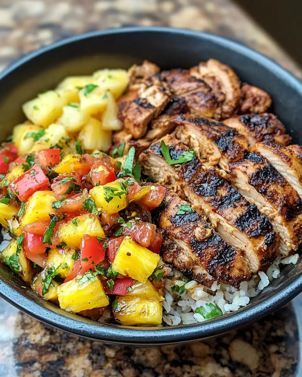 Pressure cooker jerk chicken bowl with pineapple salsa served in a bowl