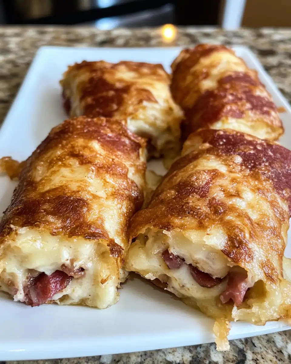 Finished Keto Reuben Sandwich roll-ups plated and ready to eat