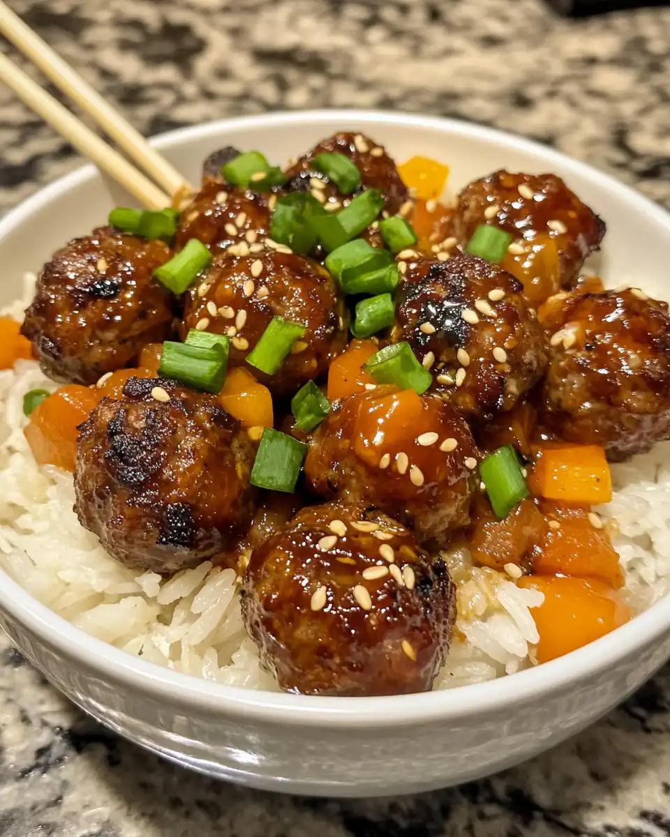 Steam rising from a pressure cooker with Korean BBQ meatball rice bowls ready