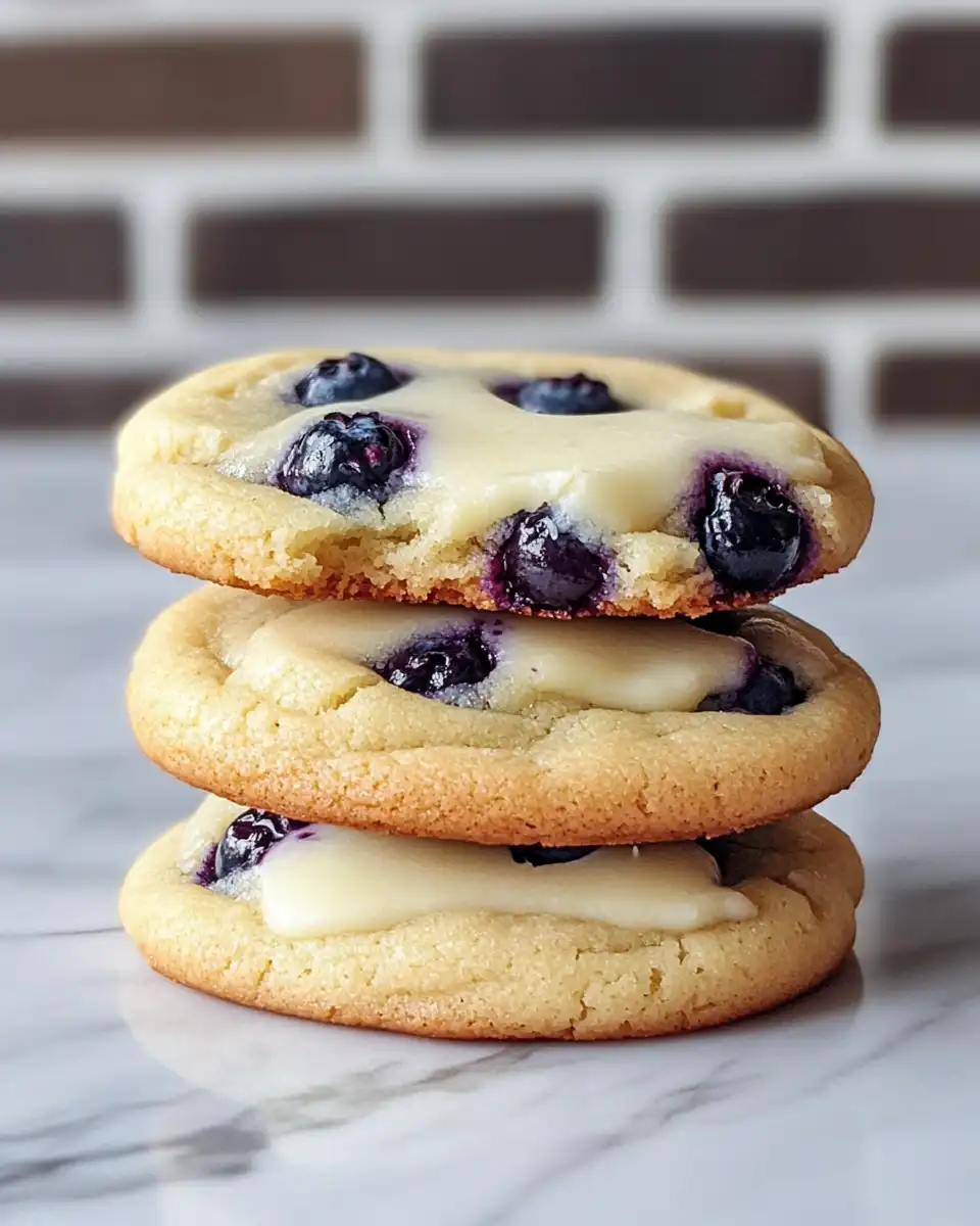 Close up of finished lemon blueberry cheesecake cookies with glaze