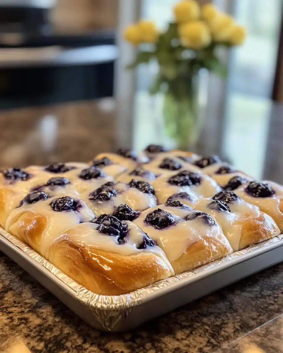 Close up of finished lemon blueberry sweet rolls with cream cheese icing