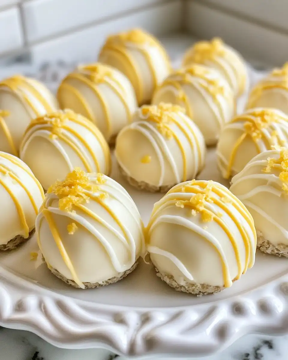Finished lemon cheesecake truffles coated with powdered sugar on serving plate
