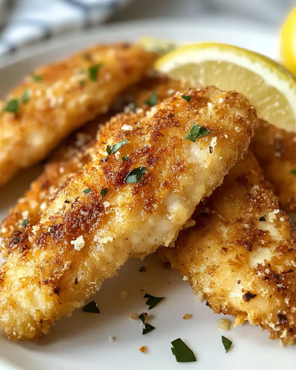 Golden baked lemon garlic parmesan chicken tenders fresh out of oven