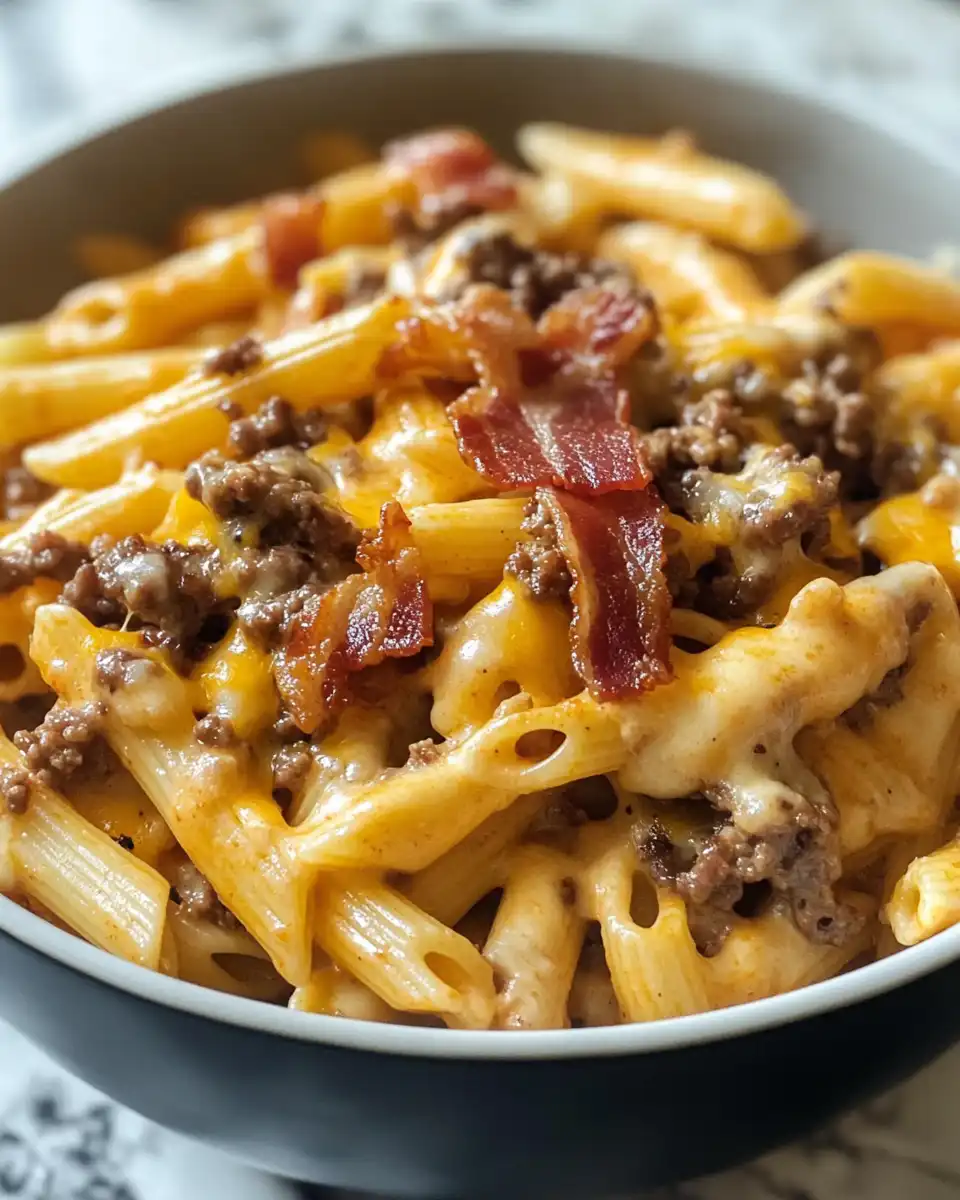 Close-up of creamy loaded bacon cheeseburger pasta ready to serve