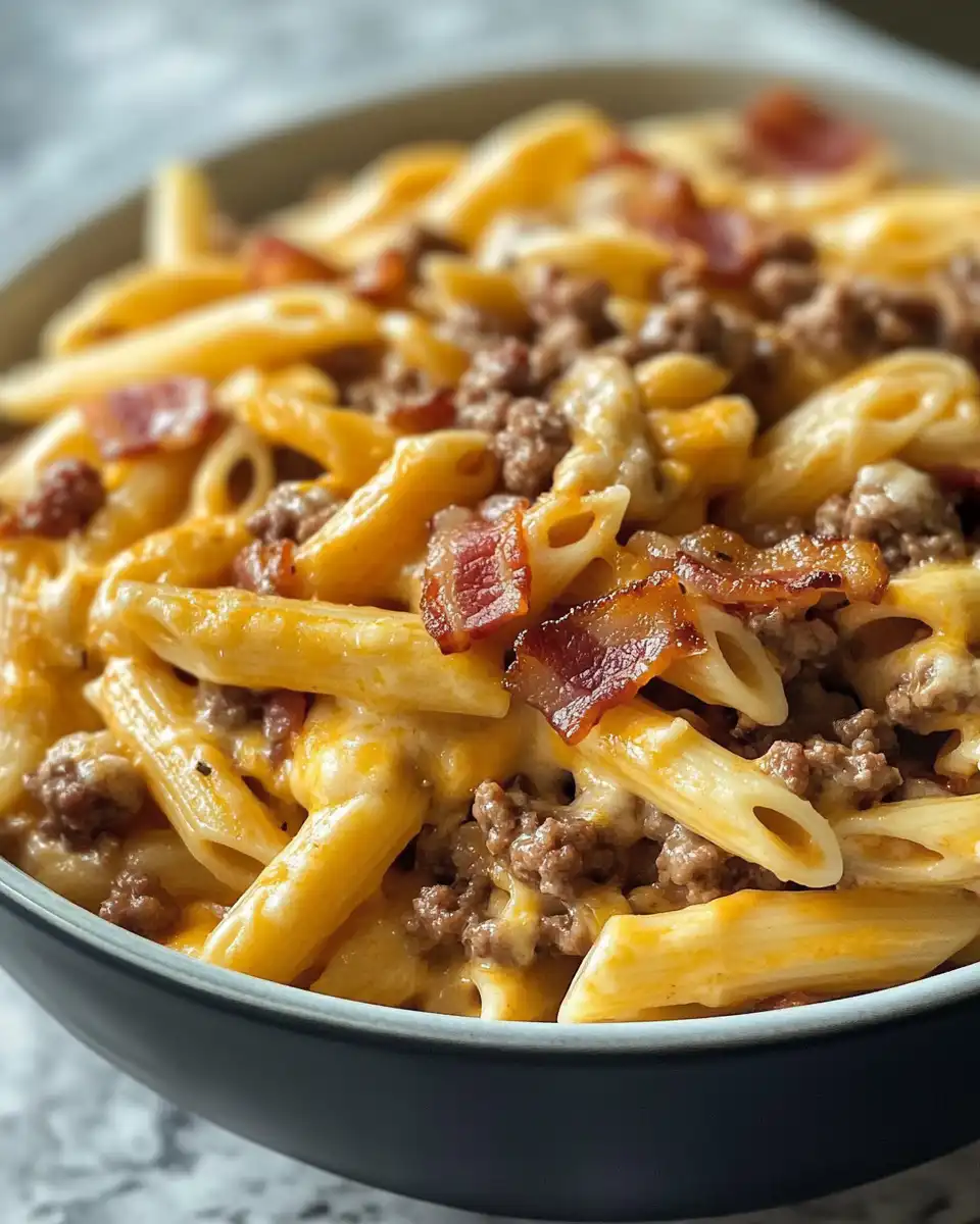 Loaded bacon cheeseburger pasta served in a bowl