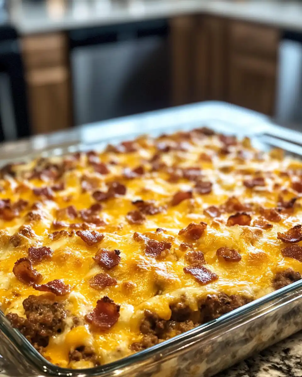 Ingredients laid out for low carb bacon cheeseburger casserole with cream cheese and cheddar