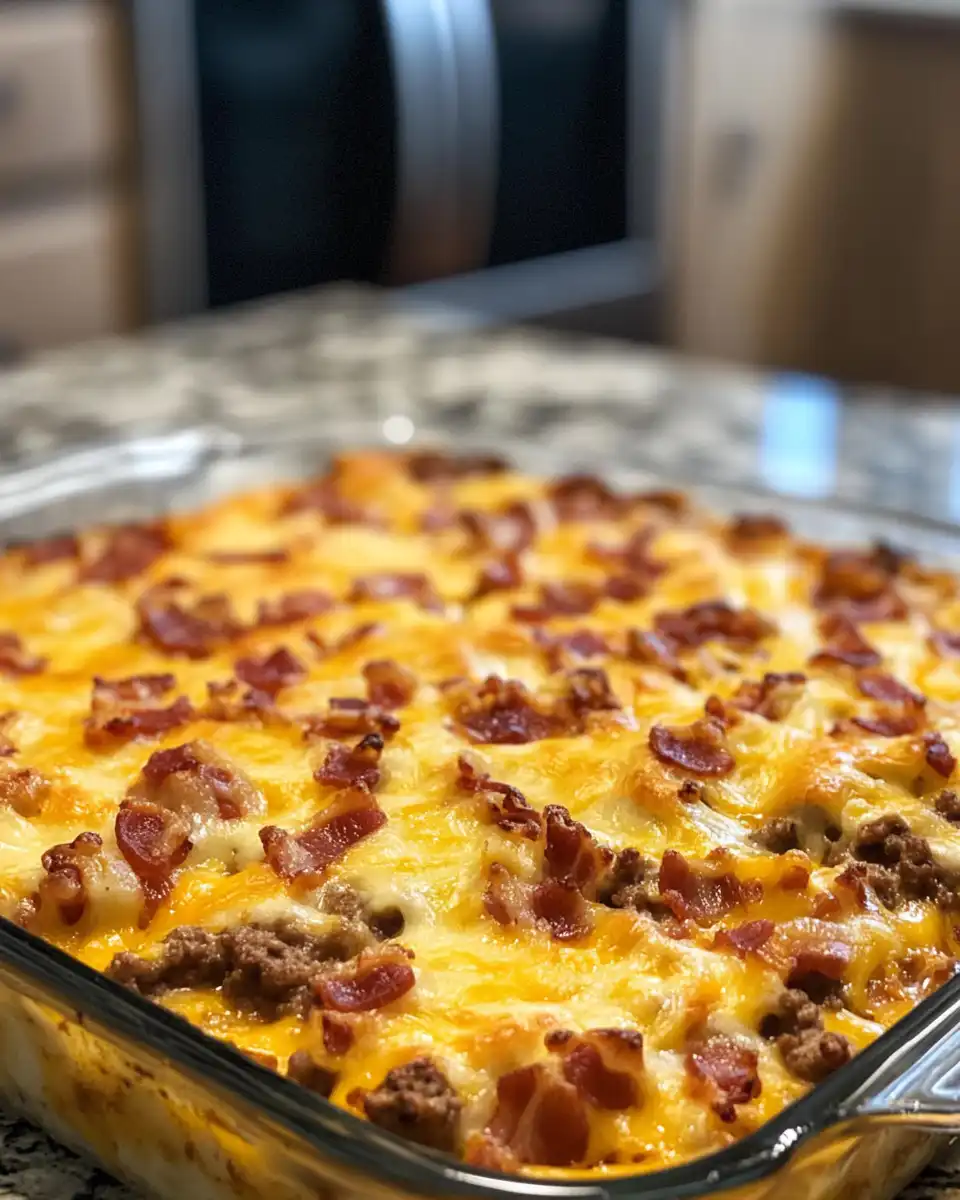 Beef mixture topped with whisked eggs and cheddar in baking dish ready for pressure cooker or oven