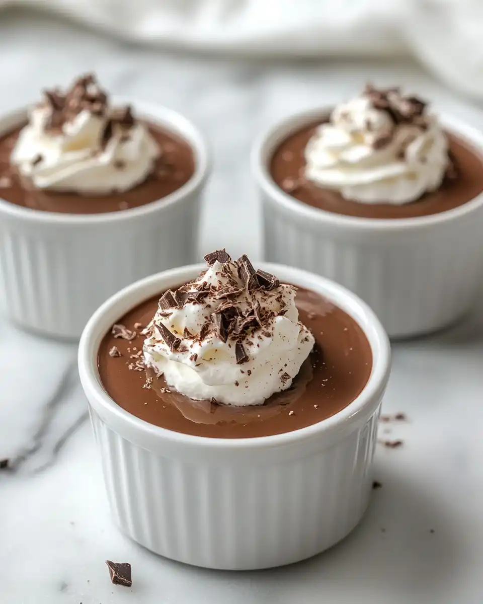 Finished chocolate pots de crème with whipped cream and chocolate shavings