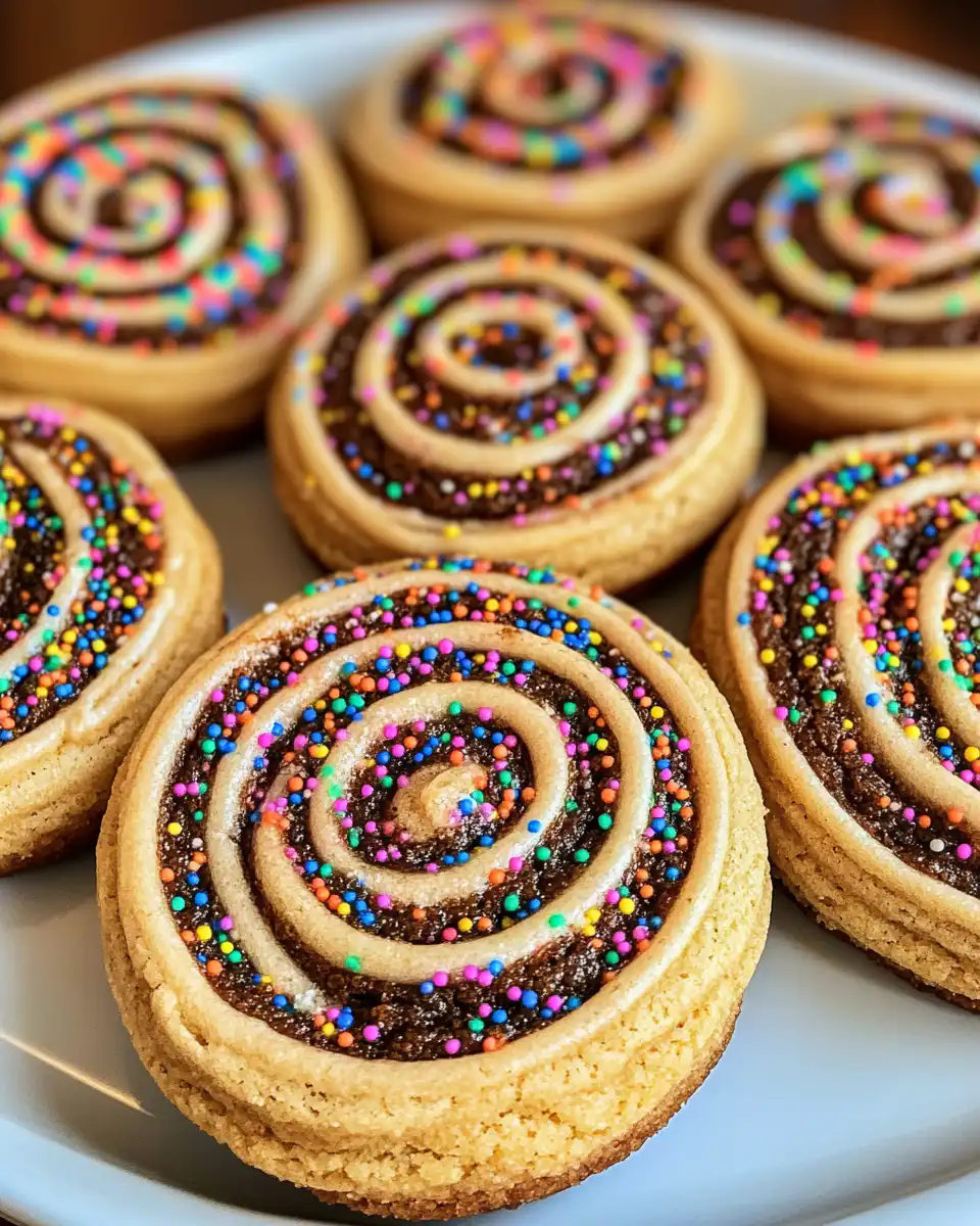 Close-up of pink swirl and sprinkle texture on fresh magical spiral cookies