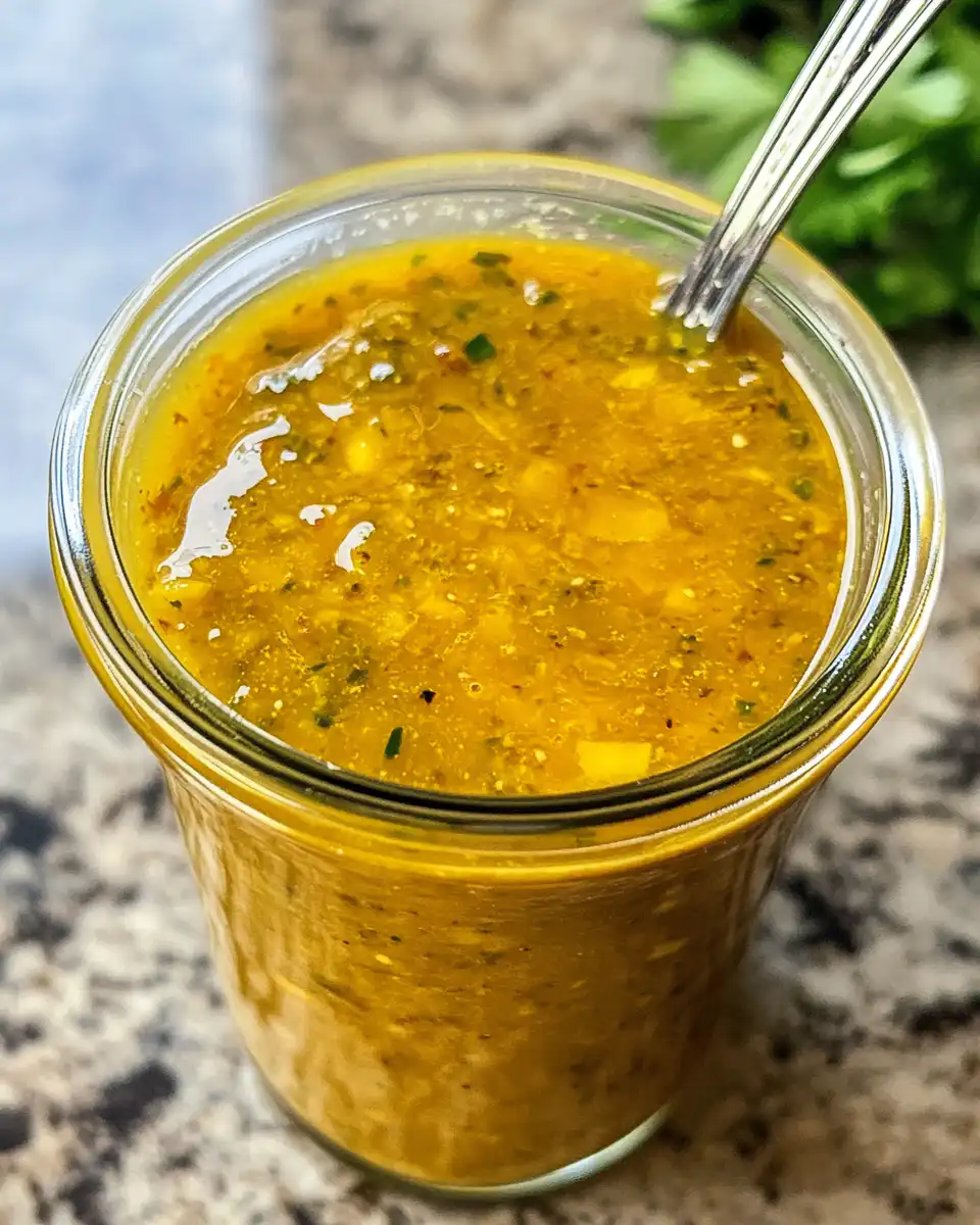 Finished mango habanero honey garlic sauce served in a glass bottle