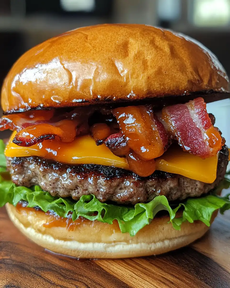 Ingredients including thick-cut bacon, bourbon, ground beef, and cheddar cheese arranged