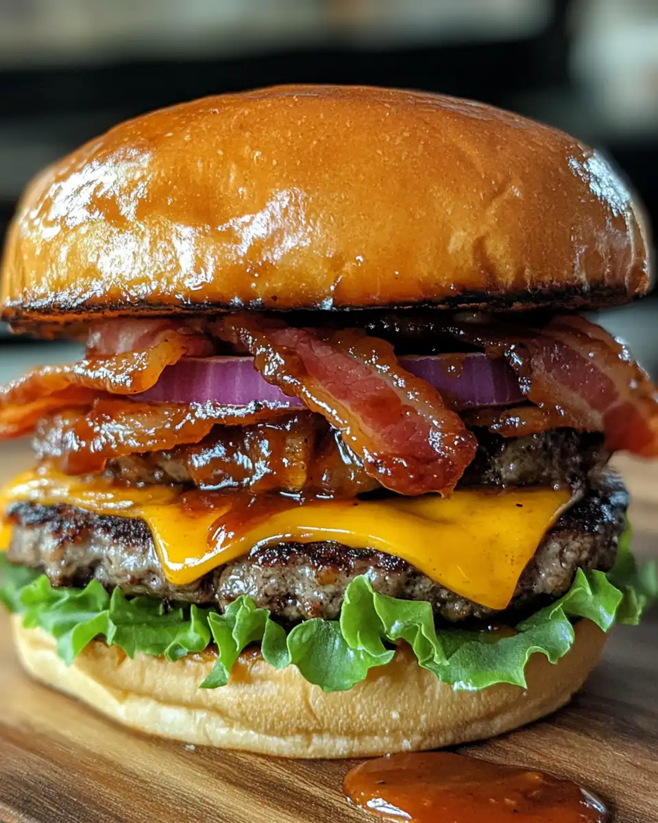 Cooked bacon burger topped with melted cheddar, caramelized onions and fresh bun