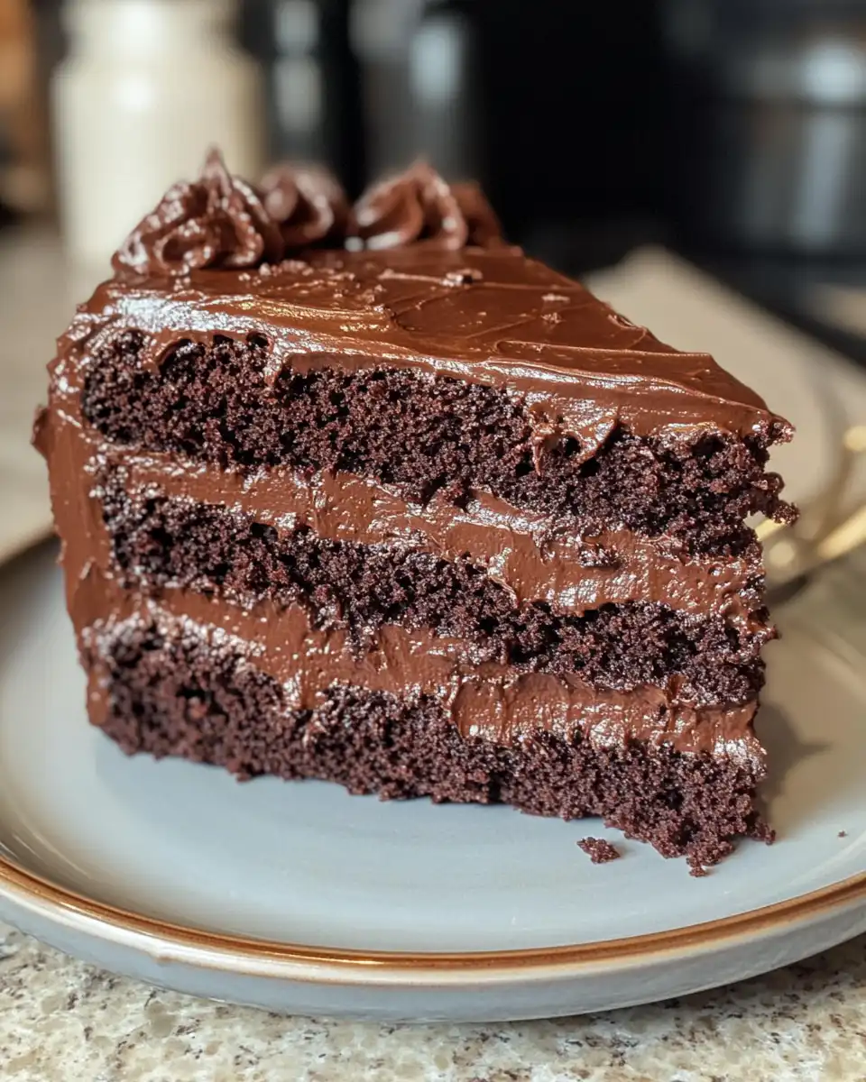 Close up of sliced Matilda Chocolate Cake with creamy frosting