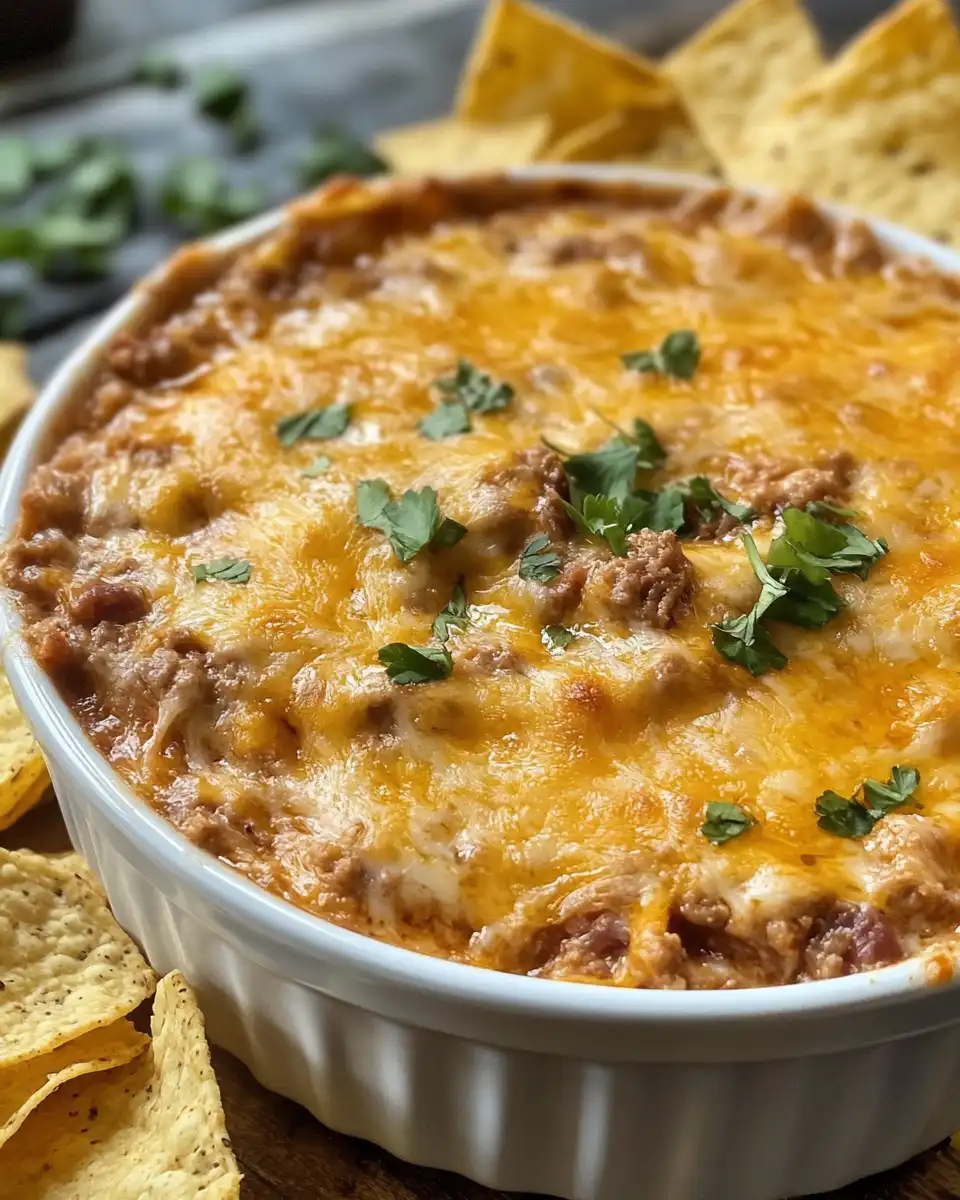 Close up of Texas Trash Dip with melted cheese and toppings ready to serve