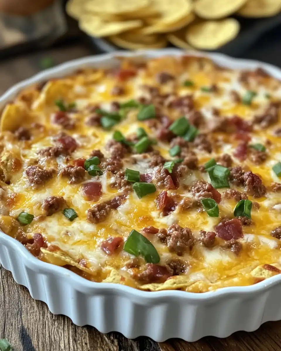 Finished Texas Trash Dip bubbling hot in baking dish