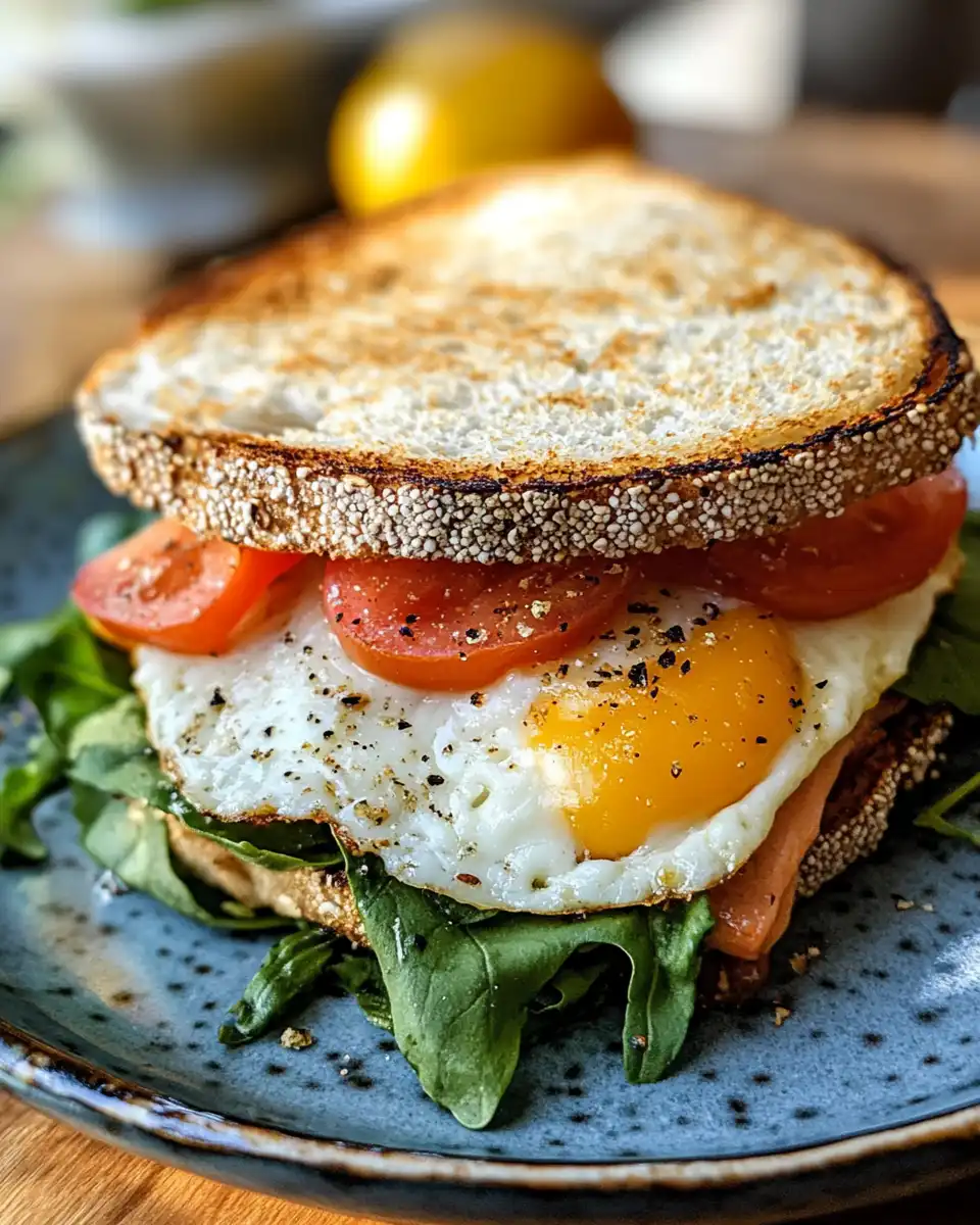 Close up of Mediterranean breakfast sandwich showcasing melted cheese and crispy bacon