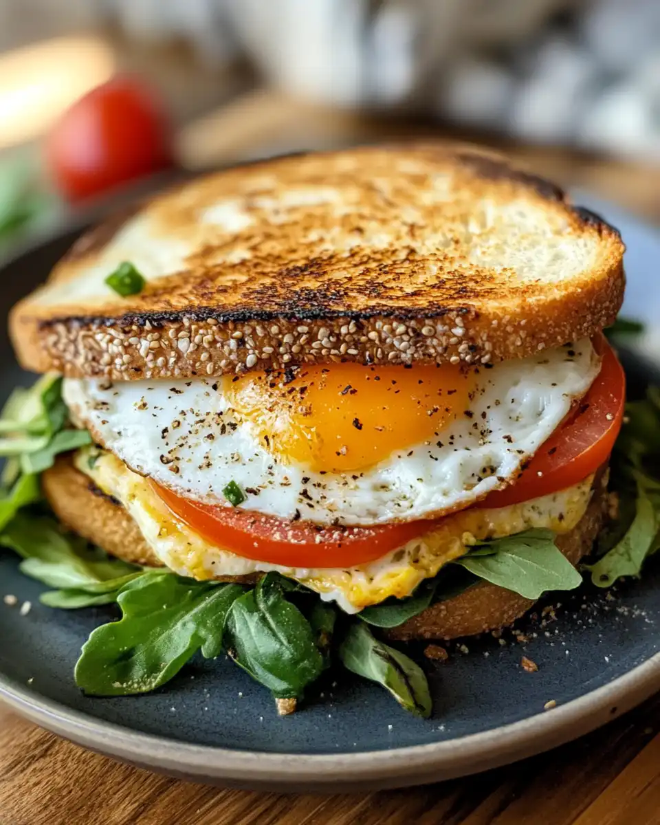 Mediterranean breakfast sandwich with layers of egg, cheese, bacon, and greens