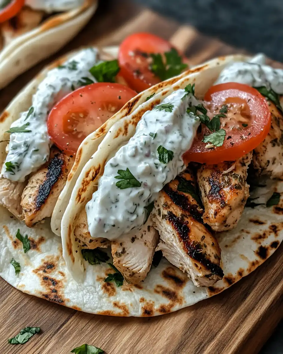 Served Mediterranean chicken gyros with toppings